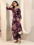Libas Womens Printed Silk Blend Straight Kurta With Palazzos Burgundy M