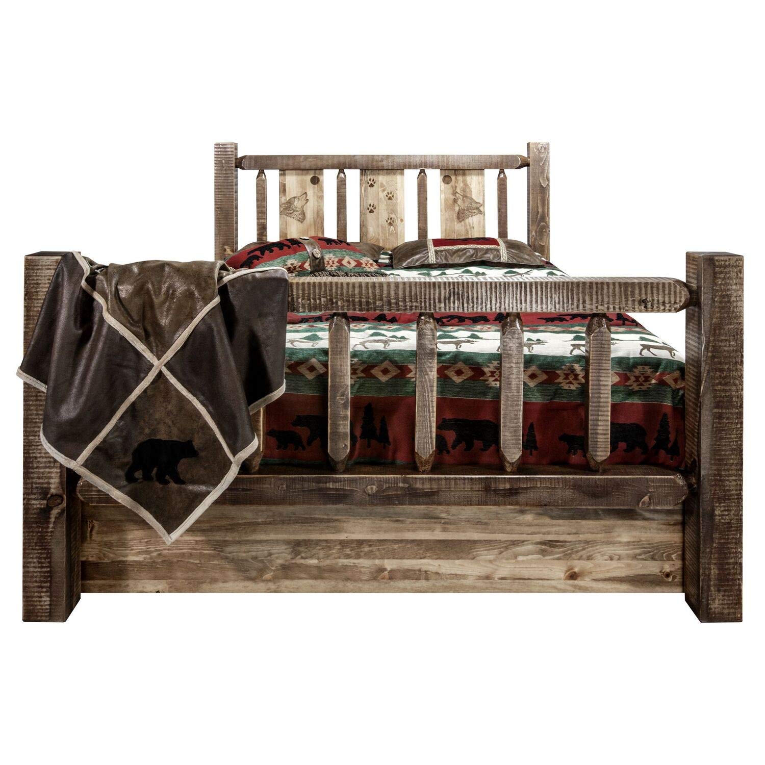 Montana Woodworks Homestead Collection Single Storage Bed With Laser Engraved Wolf Design, Stain & Clear Lacquer