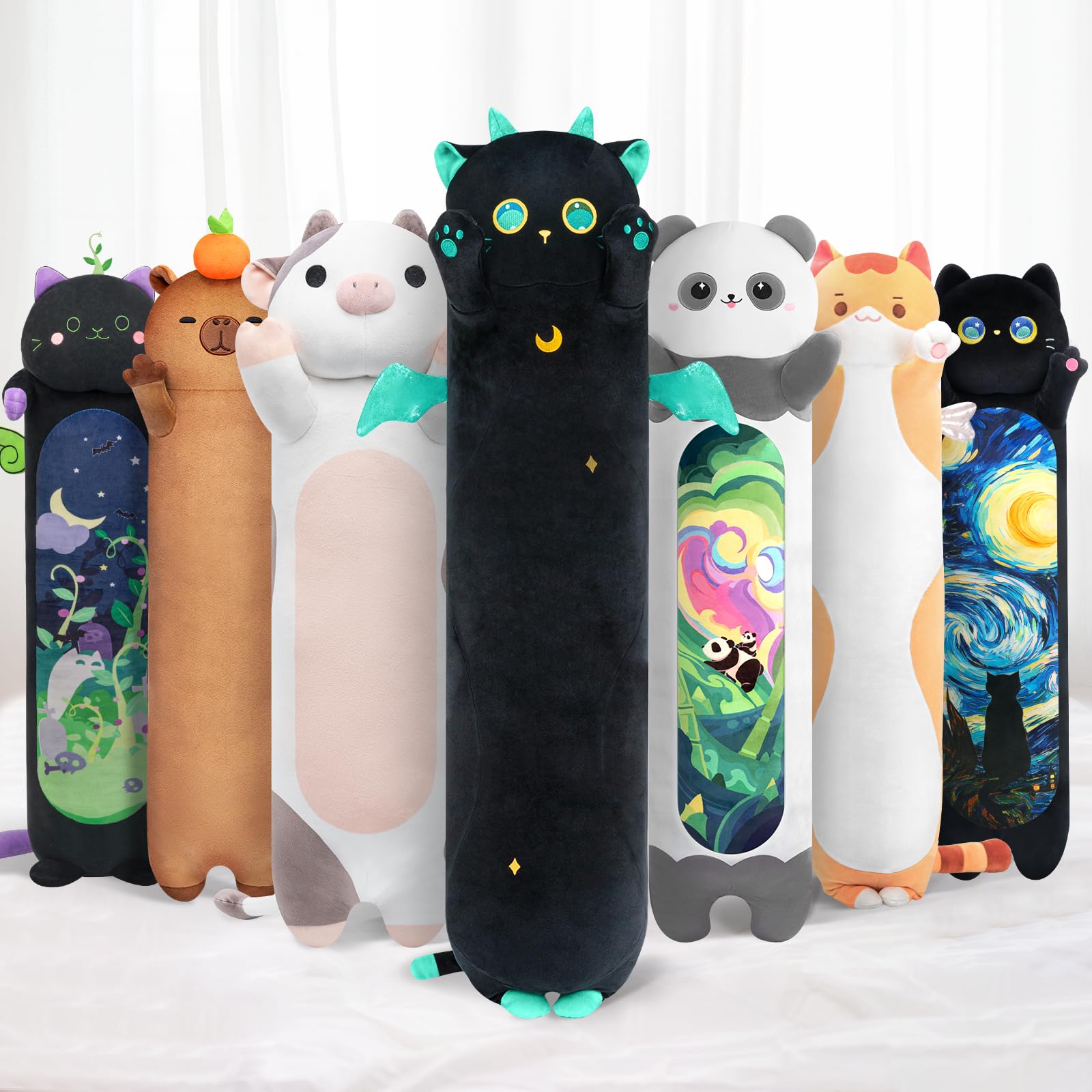 Mewaii Long Cat Plush Kawaii Body Pillow, 53Cute Black Cat Stuffed Animals Soft Plushies, Big Eyes Kitten Plush Toys Throw P