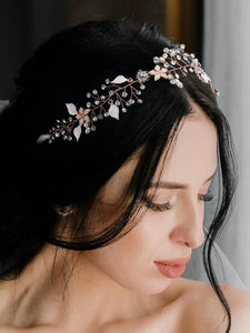 SWEETV Bridal Headband Wedding Headpiece for Bride Hair Accessories for Wedding Hair Pieces Crystal Pearl Hair Vine Rose Gold