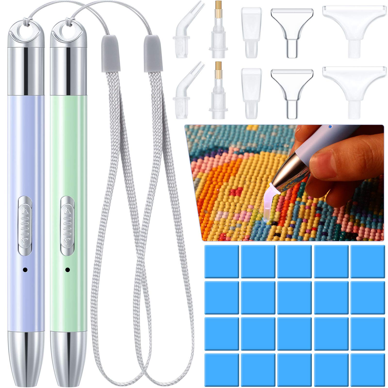 Zonon 2 Pieces LED Diamond Painting Pen 5D USB Rechargeable Lighting Point Drill Pen with 10 Head and 20 Glue Clay for Kids DIY 