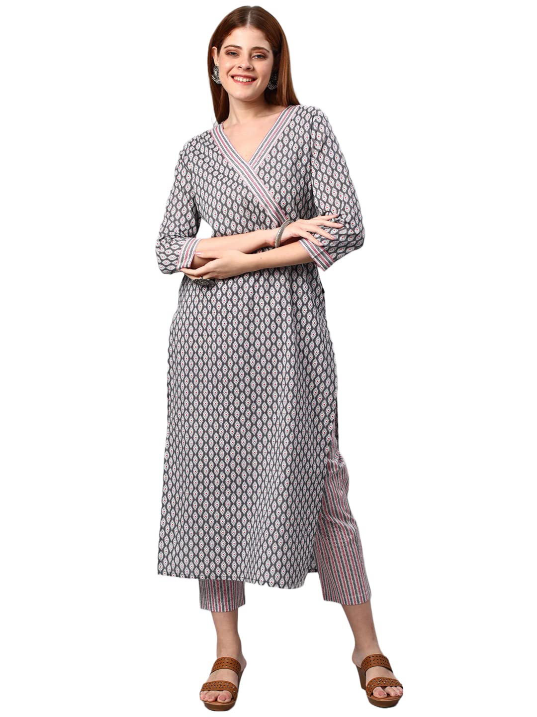 Anni Designer Women'S Cotton Blend Printed Straight Kurta With Pant (Varupini Grey_Xl_Grey_X-Large),Grey,XL