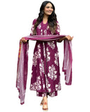 Gosriki Women'S Rayon Blend Anarkali Printed Kurta With Pant & Dupatta (Jasiwal Wine-Gs_L_Wine_Large),Wine,,B0DP2C51KQ