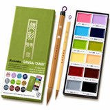 Kuretake Gansai Tambi Pastel 12 Color Watercolor Collection with JF87902S Natural Hair Brush, Soft Pigment Colors for Calligrap