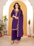 Pratham Blue Kurta Set For Women Silk Embroidered Straight Kurta Set For Women With Palazzos And Dupatta (Pb-6170-S_Purple)