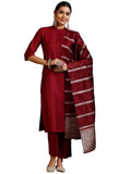 Libas Womens Woven Design Cotton Blend Straight Kurta With Trousers And Dupatta