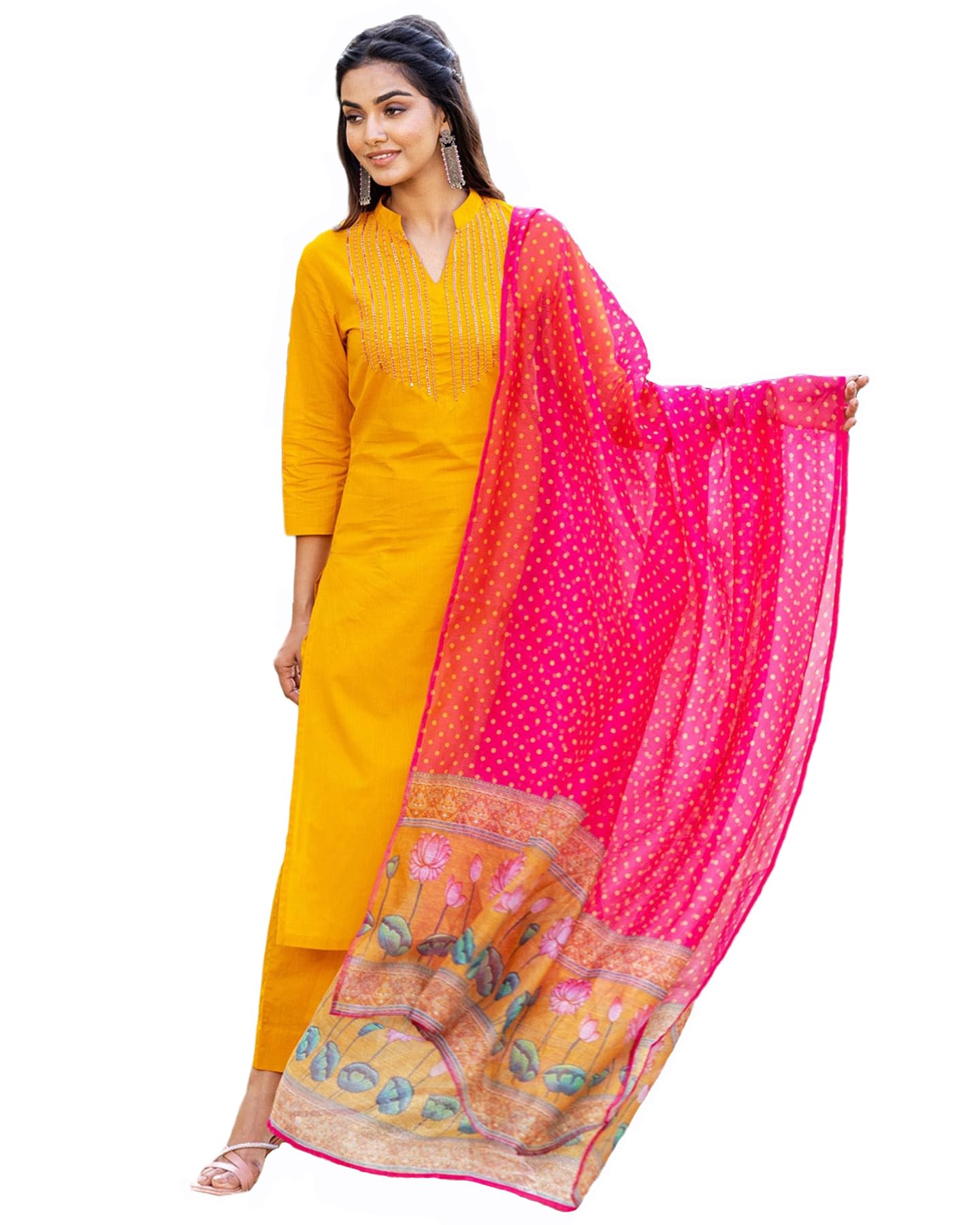 Gosriki Women'S Cotton Blend Straight Printed Kurta With Pant & Dupatta (Devanshi-Yellow-Gs_M_Yellow_Medium),Yellow,,B0CFM1XLV3