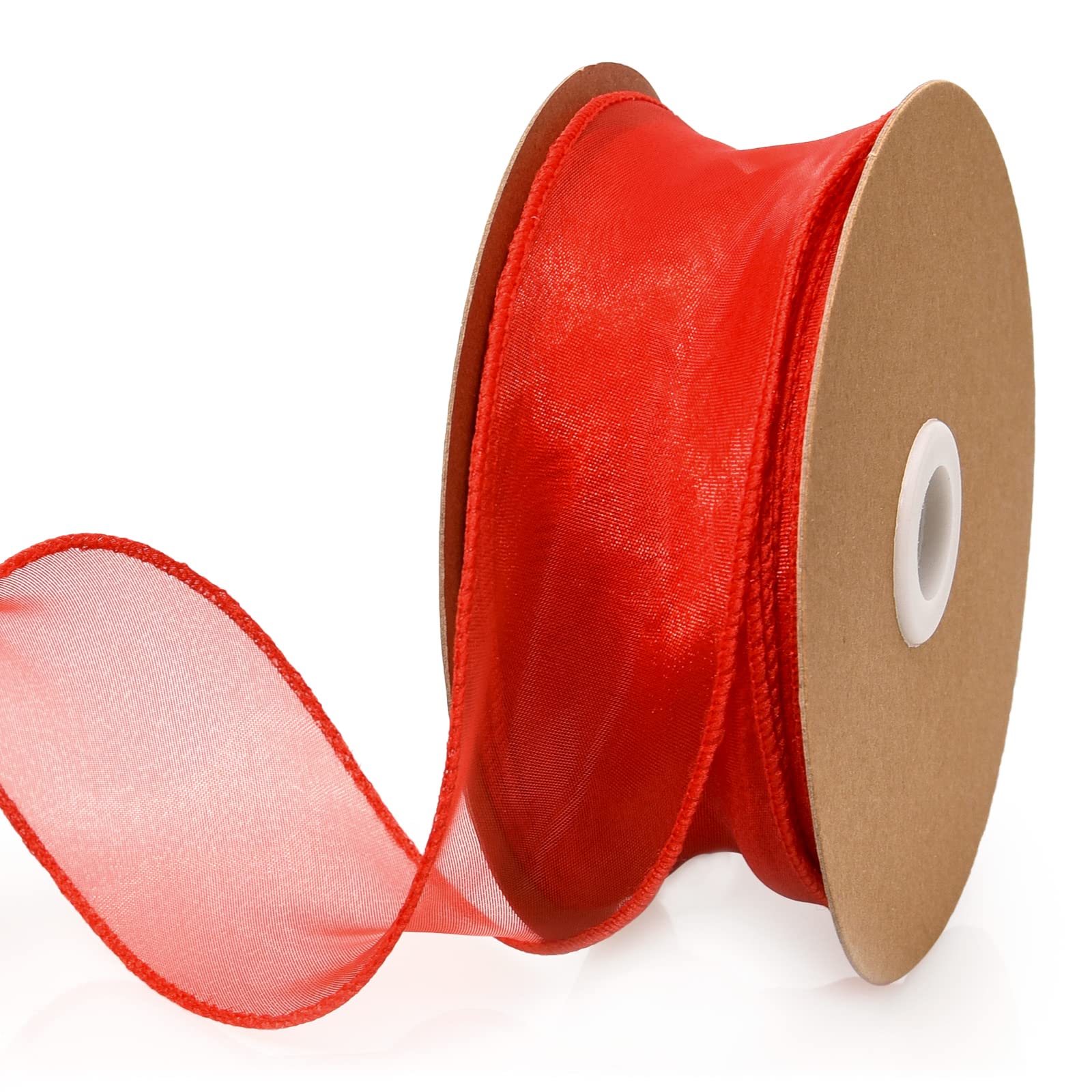 1.5 Inch Sheer Organza Ribbon Red Wavy Knot Wired Ribbon 25 Yards for Gift Wrapping, Bouquet Wrapping,Craft,Christmas-Birthday-W