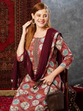 Anni Designer Women'S Cotton Blend Straight Printed Kurta With Pant & Dupatta (Tashi Wine-Jb_Xl_Wine_X-Large),Wine,XL,,,