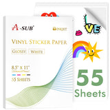 A-SUB 55 Sheets Vinyl Sticker Paper for Inkjet Printer - Glossy Printable Vinyl 8.5x11 Inch Waterproof Sticker Paper for DIY Any