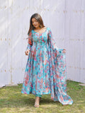 Wedani Women Floral Print Anarkali Kurta With Pant And Duptta (Small Blue),Blue,S,Georgette,Anarkali,1 Kurta and 1 Pants with Dupatta