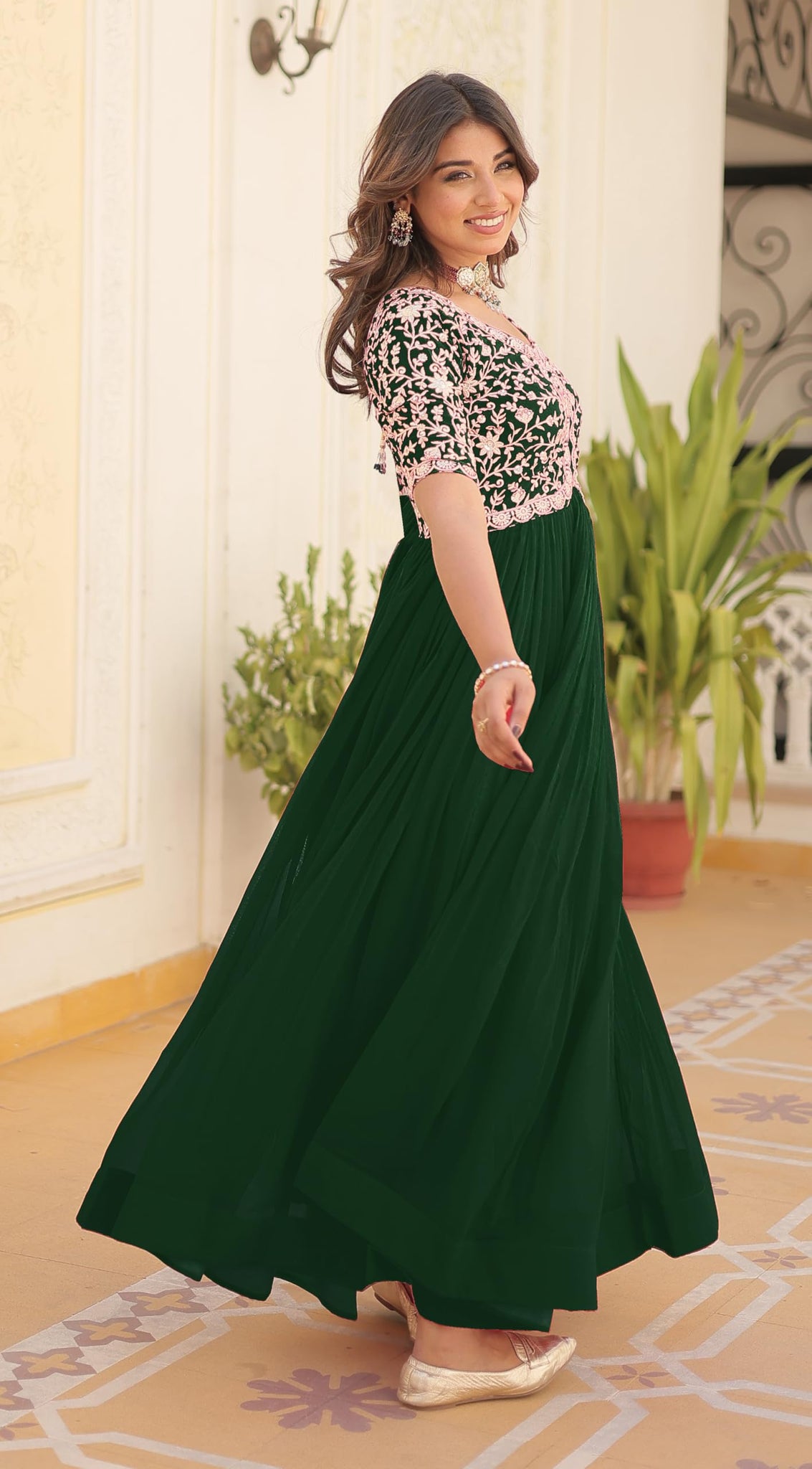 Fashion Basket Georgette Embroidered Anarkali Gown For Women Green Green L
