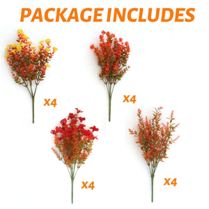 16 Bundles Artificial Fall Flowers for Outdoors, Fake UV Resistant Plants Faux Plastic Shrubs Fake Greenery for Garden Patio Dec