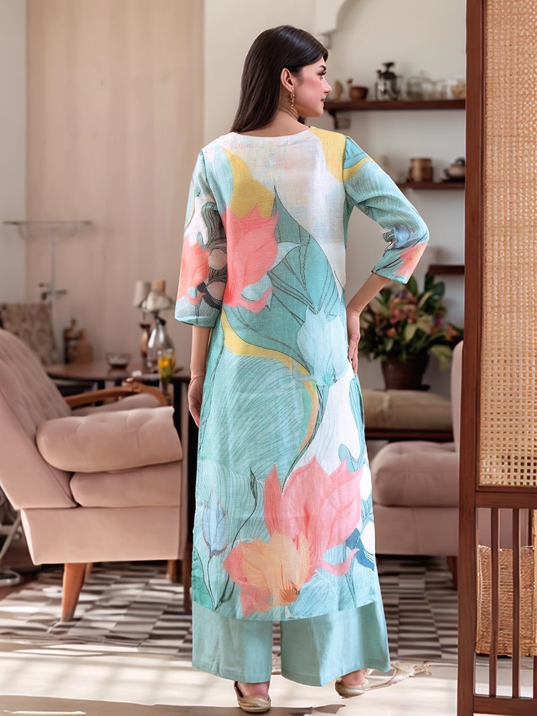 Anni Designer Women'S Rayon Viscose Printed Straight Kurta With Palazzo (Mihika Sky_Xl_Sky Blue_X-Large),Sky Blue,XL,Rayon,Regular,