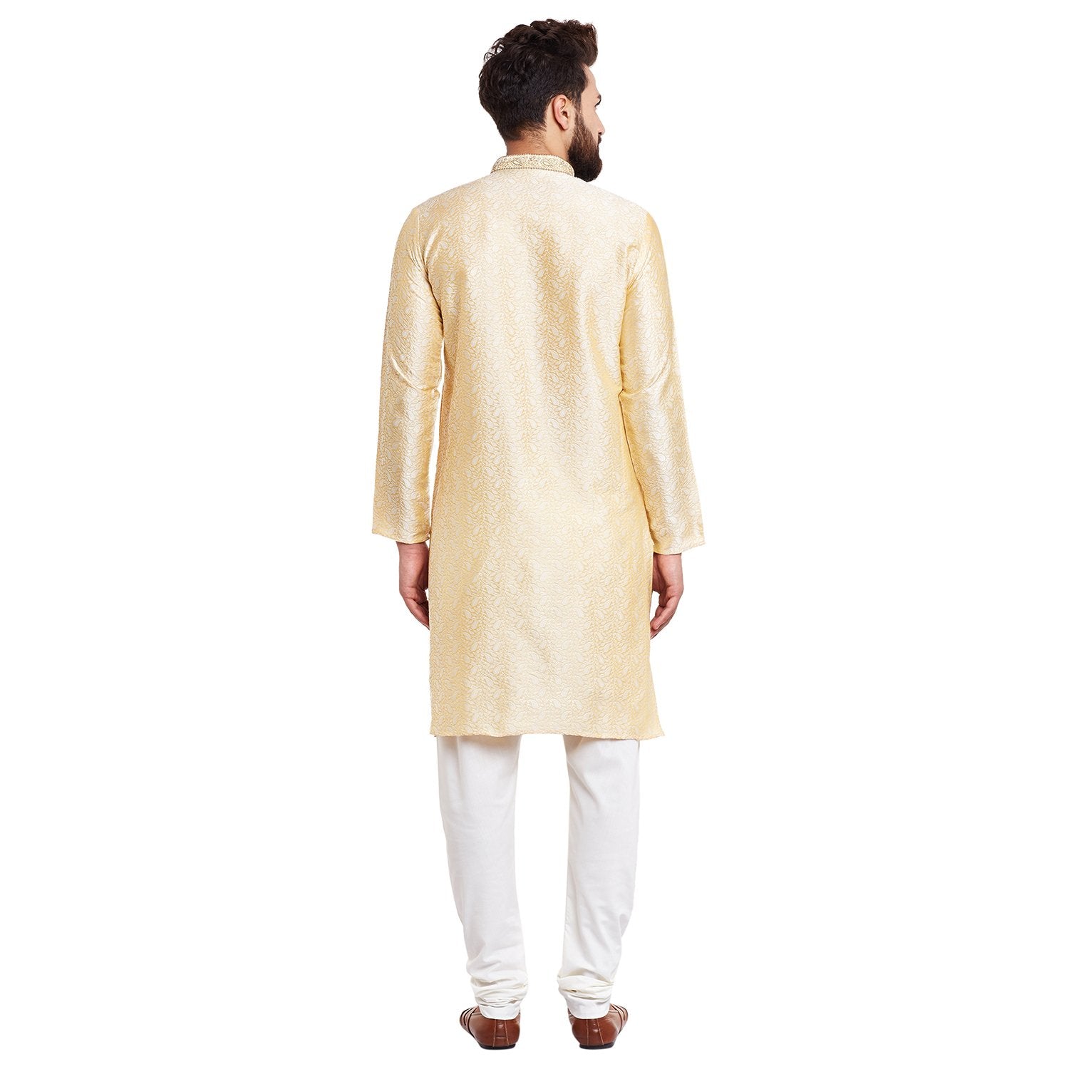 Sojanya (Since 1958 Men'S Golden Bronze Jacquard Silk Kurta & Churidaar Pyjama