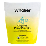 wholier Organic Plant Protein + Prebiotics. 21g of Vegan Protein. 5g of Fiber. Psyllium Husk + Green Banana for Digestion. No Na