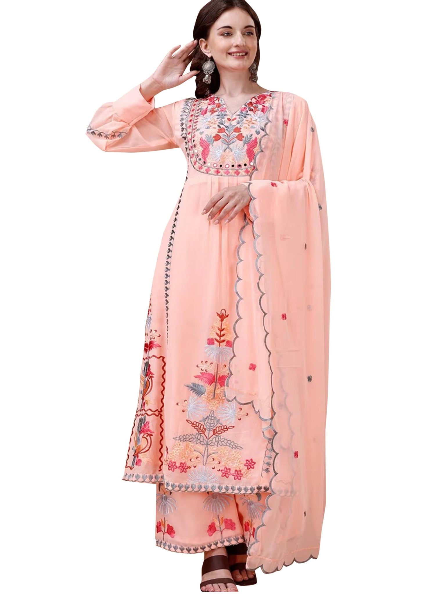 Fashion Basket Women's Faux Georgette Embroidered Straight Kurta with Dupatta (XXX-Large, Peach)