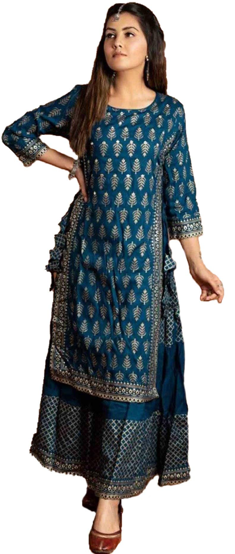 Anni Designer Women'S Rayon Blue Printed Kurta With Plazzo (Doli Baii_S),Blue,S