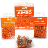 JAM PAPER Office Clip Assortment - Orange - (1) Binder Clips (1) Round Paper Cloops and (2) Paper Clips (Regular & Jumbo) - 4/Pa