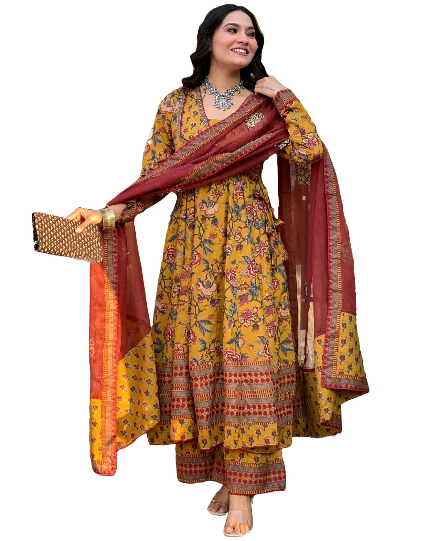 Anni Designer Women'S Rayon Viscose Anarkali Printed Kurta With Palazzo & Dupatta (Venkye Yellow_Xxl_Yellow_Xx-Large),Yellow,2XL