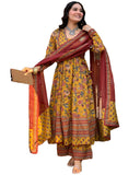 Gosriki Women'S Rayon Viscose Anarkali Printed Kurta With Palazzo & Dupatta (Venkye Yellow-Gs_L_Yellow_Large),Yellow,,B0DX2718SH