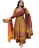 Anni Designer Women'S Rayon Viscose Anarkali Printed Kurta With Palazzo & Dupatta (Venkye Yellow_L_Yellow_Large),Yellow,L