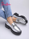 Shoetopia Smart Casual Chain Detailed Silver Loafers For Girls-Eu37,Bronze,4,B0D5HF27JJ