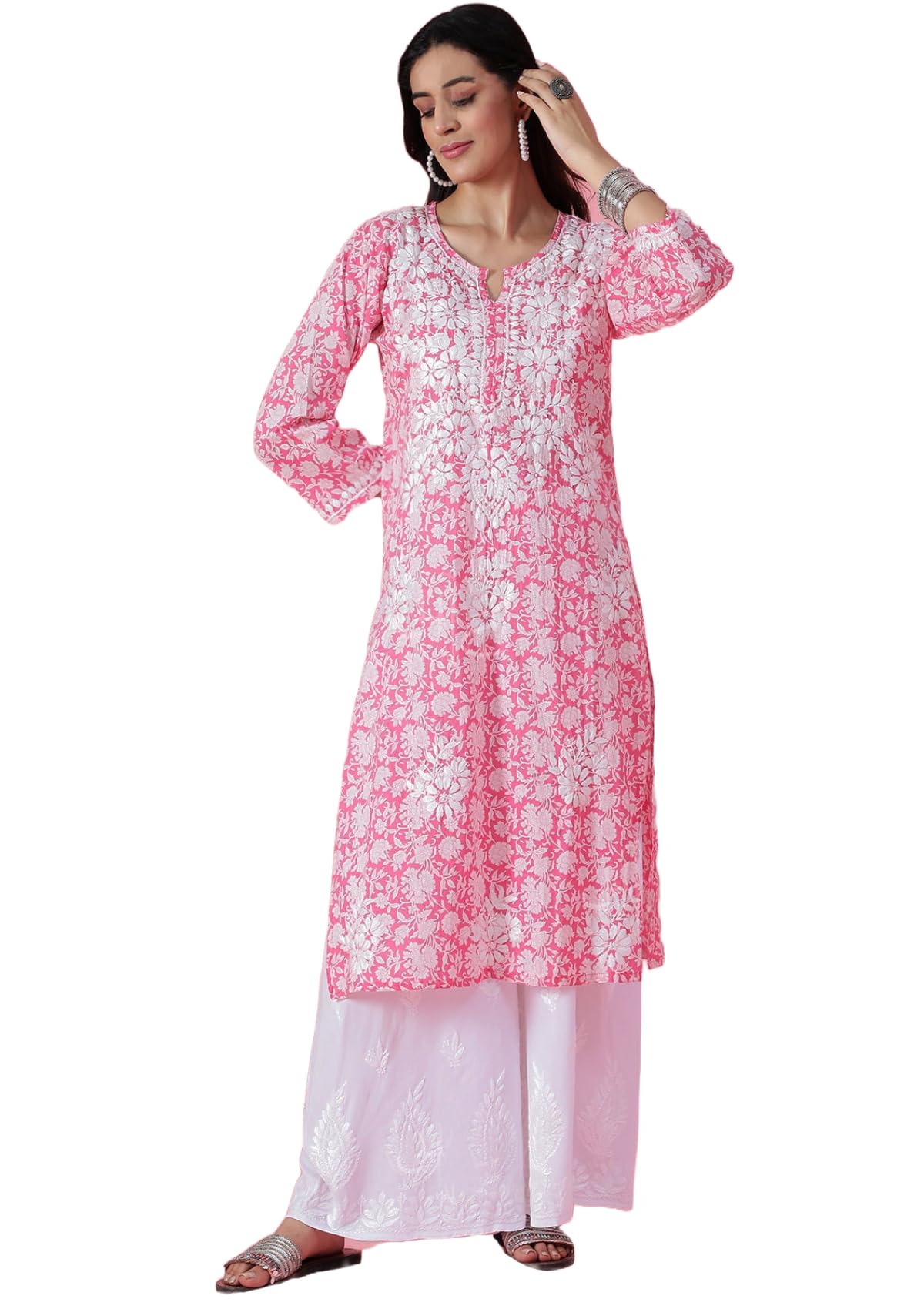Gosriki Women'S Cotton Blend Straight Printed Chikankari Embroidered Kurta (Bharti Pink-Gs_M_Navy_Medium),Pink,,B0D9WDW3H3