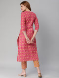 Anni Designer Women'S Cotton Blend Traditional Straight Printed Kurta And Pant Set (Mikaa Pink_M_Pink_Medium),Pink,M,Cotton Blend,Regular,Pants