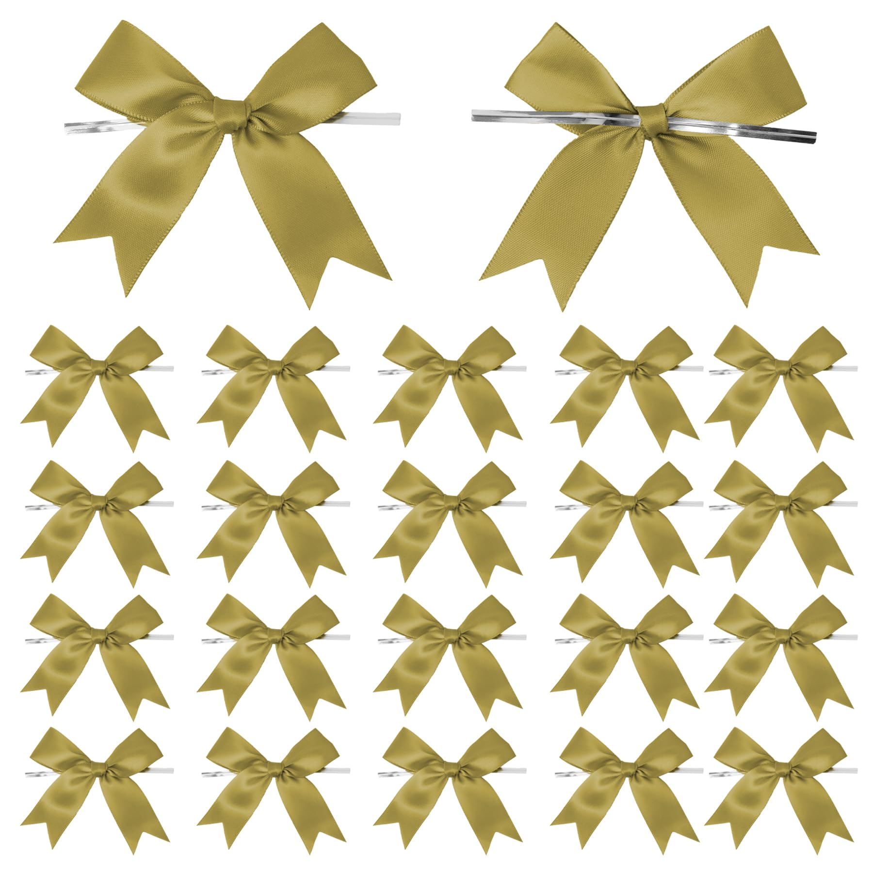50 Counts Gold Twist Tie Bows 3.1 Pre-Tied Satin Ribbon Bow Decor Mini Twist Tie Bows for Gift Wrapping Treat Bags Cake Bridal B