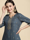 Rangita Women Rayon Dark Grey Gold Printed Placket Calf Length Straight Kurti_8905723194536