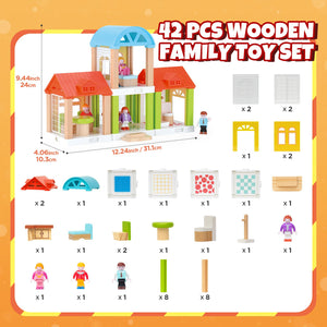 42-Piece Small Wooden Dollhouse Set, 4-Room Family Toy House with 4 Movable Dolls, DIY Doll House Furniture Accessories, Birthda