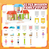 42-Piece Small Wooden Dollhouse Set, 4-Room Family Toy House with 4 Movable Dolls, DIY Doll House Furniture Accessories, Birthda