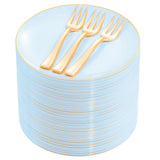 Festiva 200Pcs Blue Gold Cake Plates 6.3 with Plastic Forks 5- Disposable Blue Dessert/Appetizer/Salad Plates- serve 100 guests 