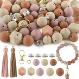 Sunrony 60Pcs Mixed Camel Brown Oat Tassels Keychains Rhinestone Spacer Round Hexagon Silicone Beads for Keychain Making and Nec