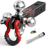 TYT Tri Ball Hitch Trailer Mount With Locks, Tow Hook & Clevis Shackle, Fits 2 Inch Receiver With 2-5/16, 2, 1-7/8 Ball, Black
