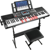VEIYOUMO 61 Key Keyboard Piano for Beginners w/Stand Bench, Dual Power Mode, Lighted Keys in Follow Mode, 70 Demos, 200 Tones/Rh