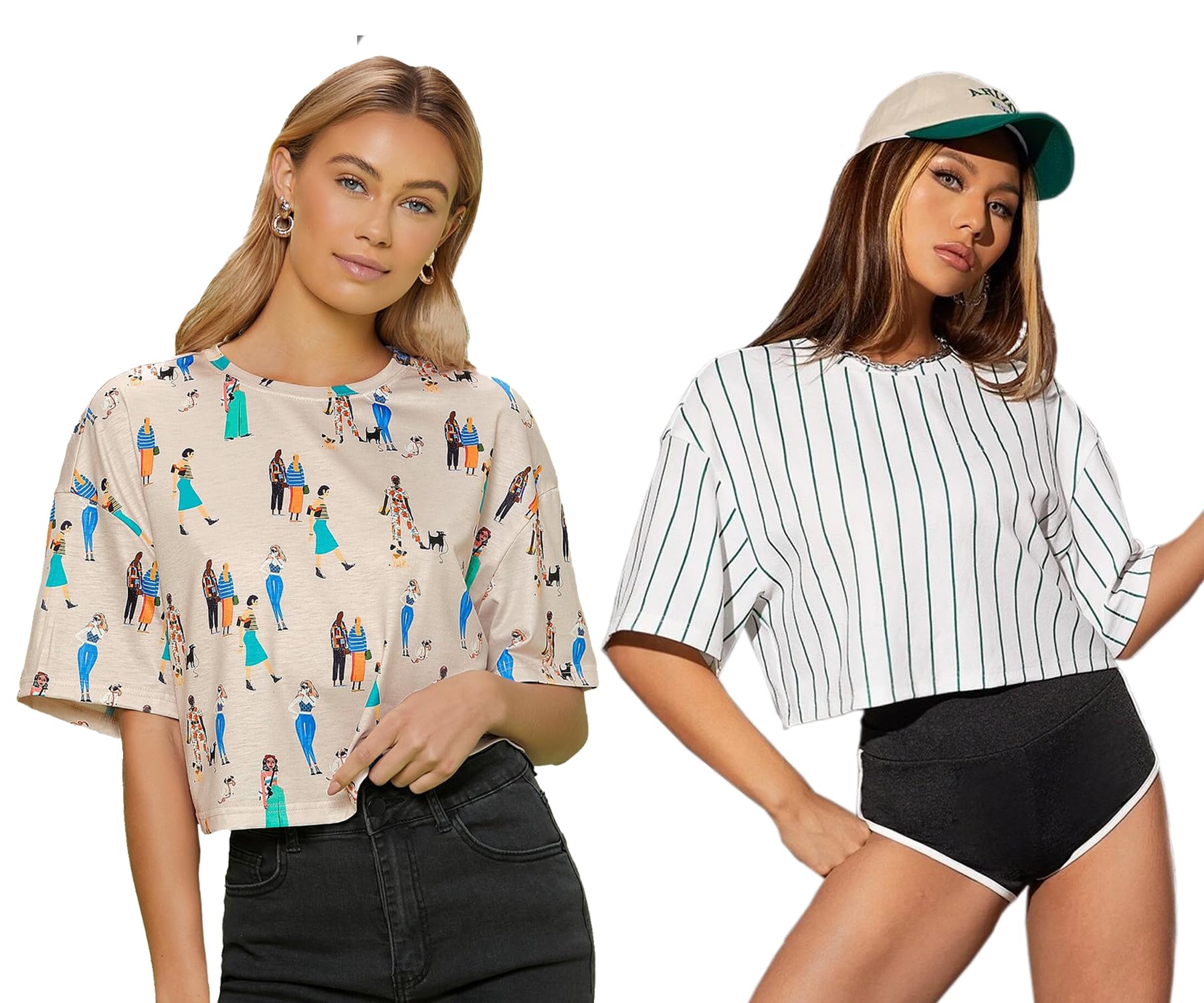 Toplot Women'S Casual Printed Crop Top With Half Sleeve Pack Of 2 (Combo-5098-Cku-Wht-Xl),Chiku-White,,B0CFTX41N9