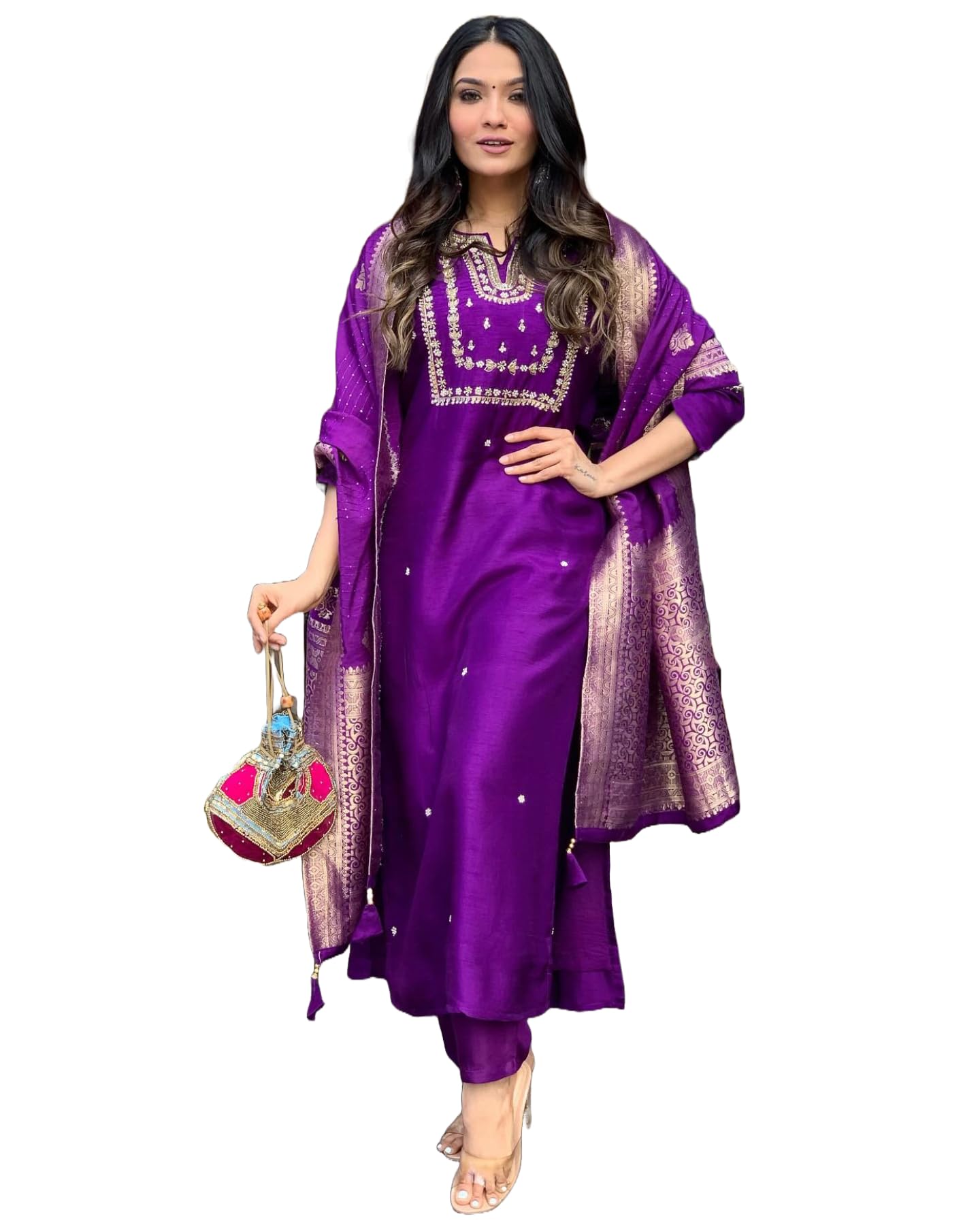 Anni Designer Women'S Cotton Blend Straight Embroidered Kurta With Pant & Dupatta (Manushi Begani_S_Begani_Small),Begani,S