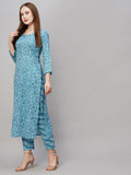 Anni Designer Women'S Cotton Blend Printed Straight Kurta With Pant (Dagi Blue_Xxl_Blue_Xx-Large),Blue,2XL,Cotton Blend,Regular,