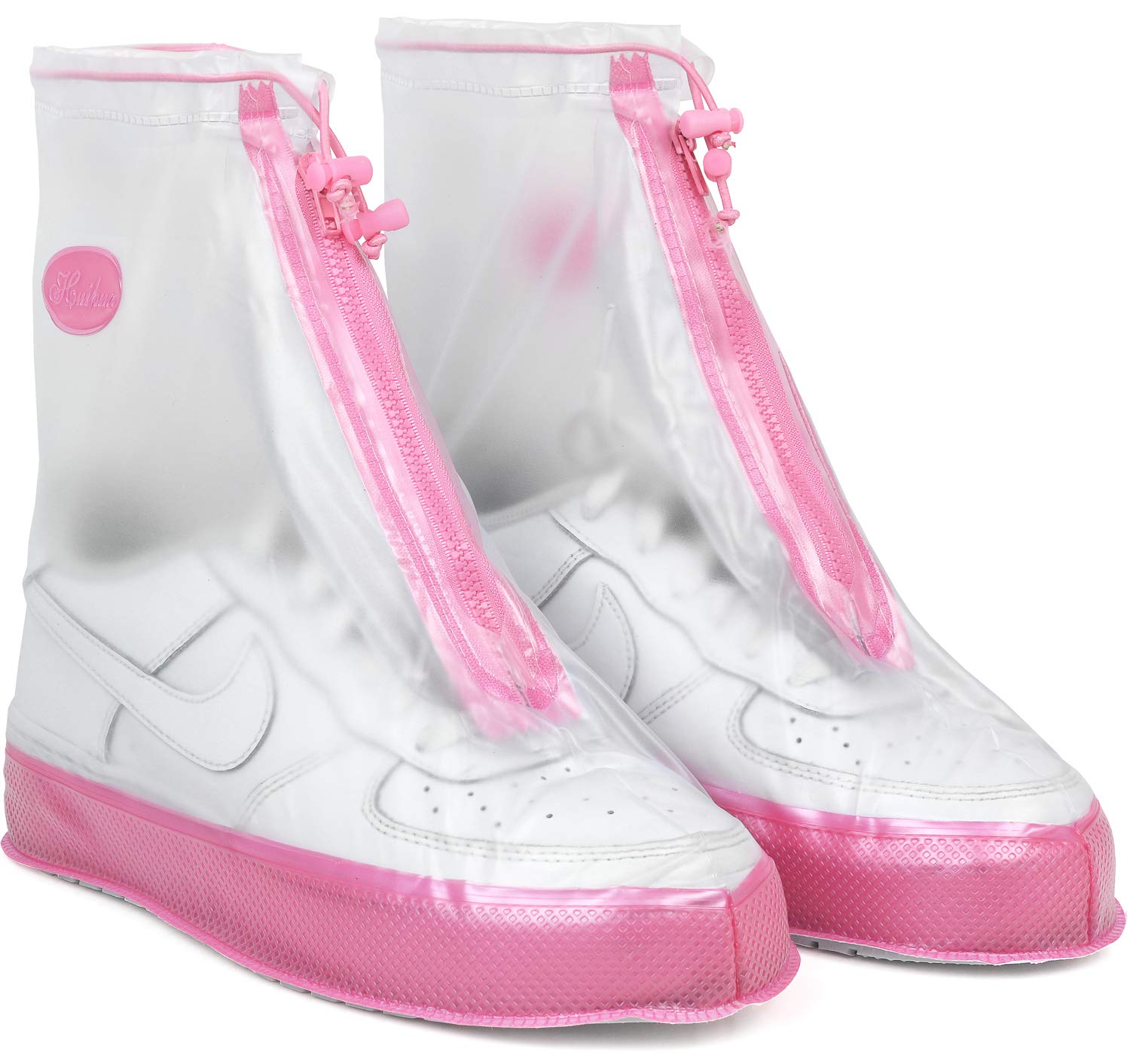 Rain Shoe Covers | Waterproof Shoe Covers for Men Women | Reusable Galoshes Overshoes (Clear/Pink, 4X-Large)