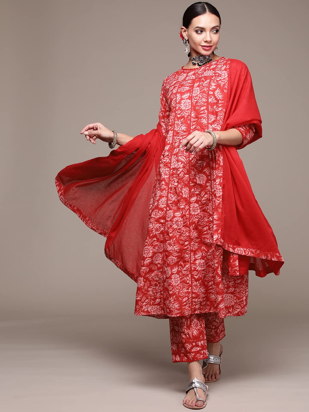 Anubhutee Women'S Cotton Printed A-Line Kurta Suit Set With Dupatta & Pants Abwsd2234_Rd_S_Red