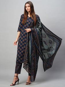 Gosriki Women'S Cotton Blend Straight Printed Kurta With Pant & Dupatta (Bagwara Blue-Kbv-Gs_Xxl_Blue_Xx-Large),Blue,2,B0CNLYZB3N