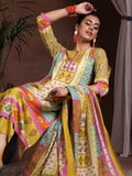Libas Womens Printed Crepe Straight Kurta With Trousers And Dupatta Mustard M 36928
