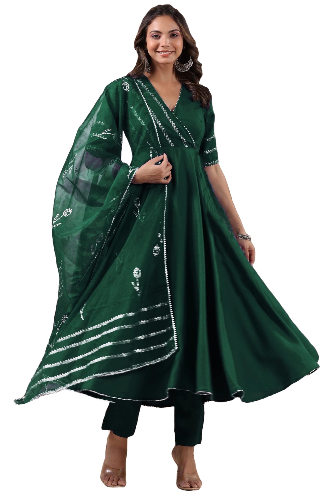 Anni Designer Women'S Rayon Blend Anarkali Solid Kurta With Pant & Dupatta (Nirmooha Green_L_Green_Large),Green,L