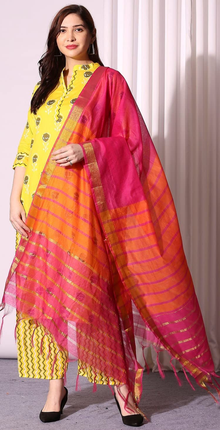 Anni Designer Women'S Pure Cotton Straight Kurta With Palazzo & Dupatta (Kpzd-Cot-10002-Yellow_M_Yellow_Medium),Yellow,M,Cotton Blend,Straight,Dupatta, Palazzo