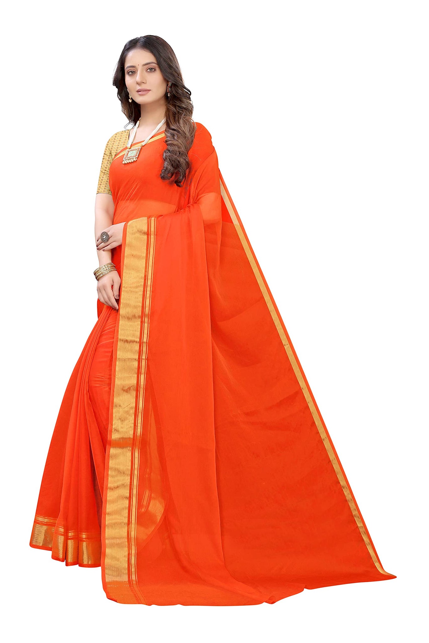 Gosriki Women'S Chiffon Saree With Blouse Piece (Chutki Orange_Orange),Orange,,B095WCHNHH