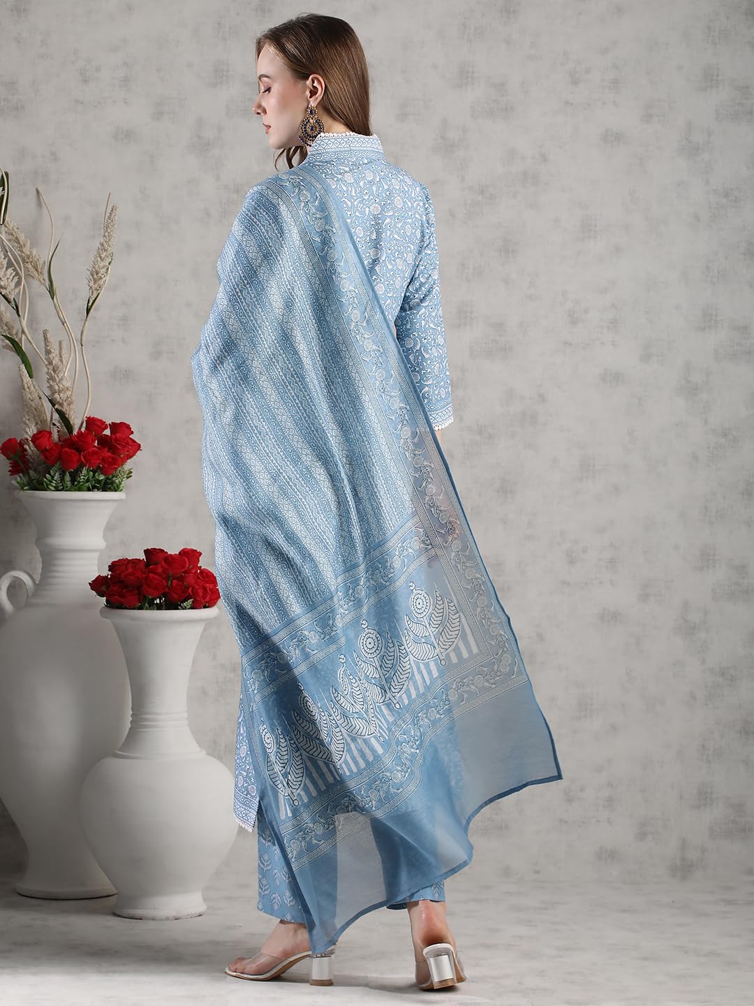 Anni Designer Women'S Rayon Blend Straight Printed Kurta With Pant & Dupatta (Soneva Blue-Vks02_M_Blue_Medium),Blue,M,Rayon Blend,Regular,