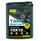 16Mil Finished Size 10 x 10 Tarp Heavy Duty Waterproof, Large Outdoor Multipurpose Protective Cover (Green/Brown)