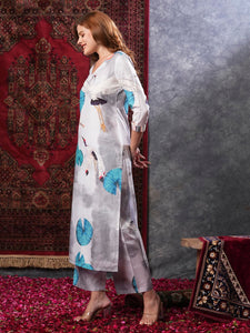 Gosriki Women'S Cotton Blend Straight Printed Kurta With Palazzo (Swans Grey-Gs_S_Grey_Small),Grey,,B0D9WDL2N5
